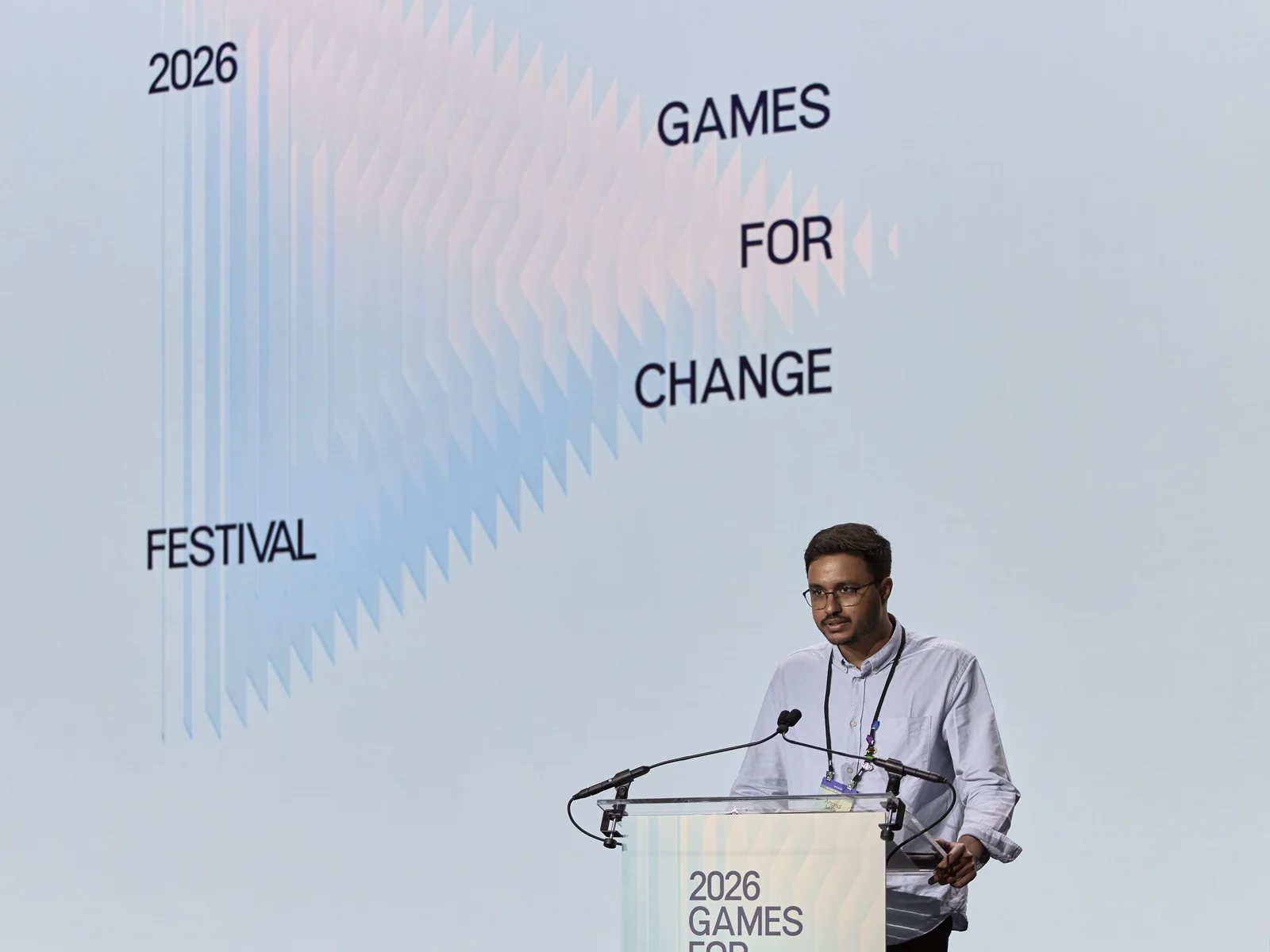 A speaker at the lectern during the 2026 Games for Change Festival in New York City.