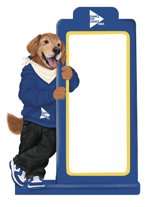 Games for Change India’s golden retriever mascot holding the festival countdown board